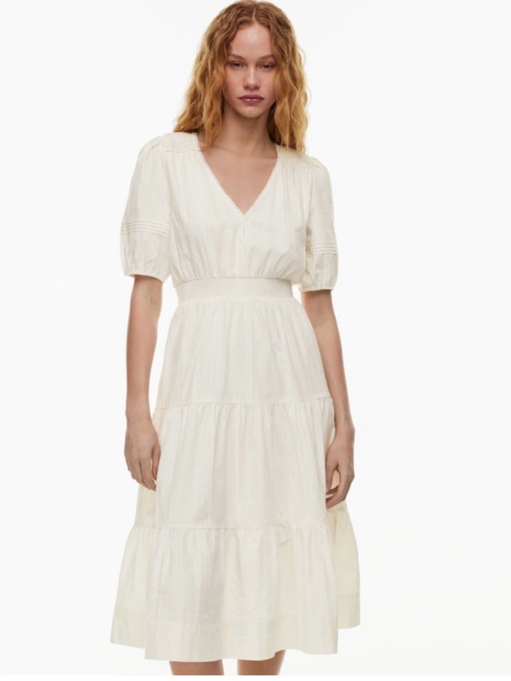 Aritzia Little Moon Bask Dress Tiered Midi Dress Matte Pearl Small V Neck